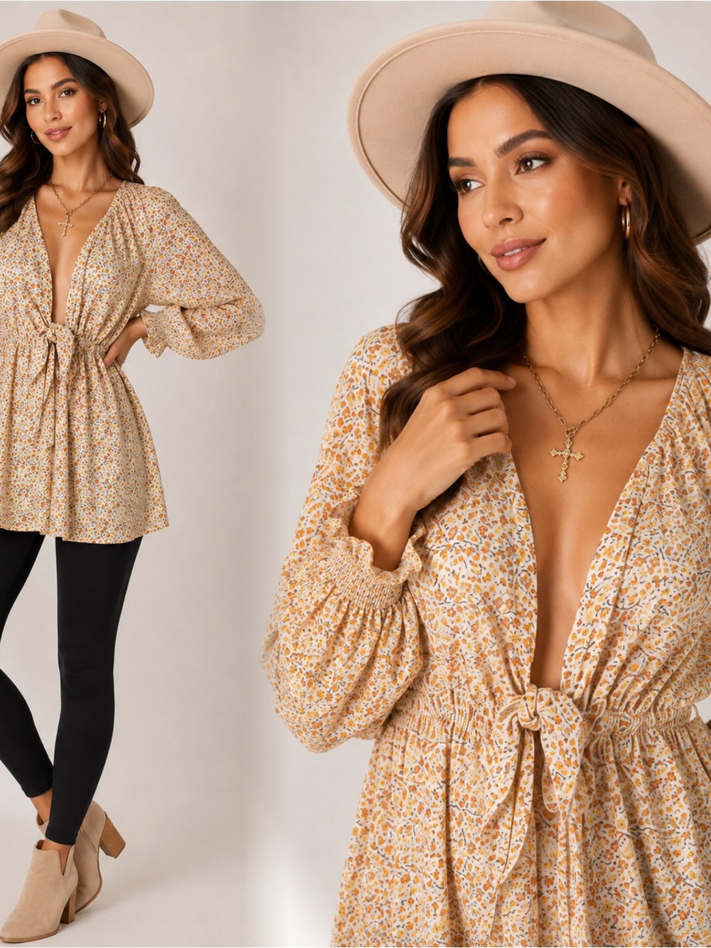 Yellow Floral Tie-Front Tunic Top with Smocked Cuffs